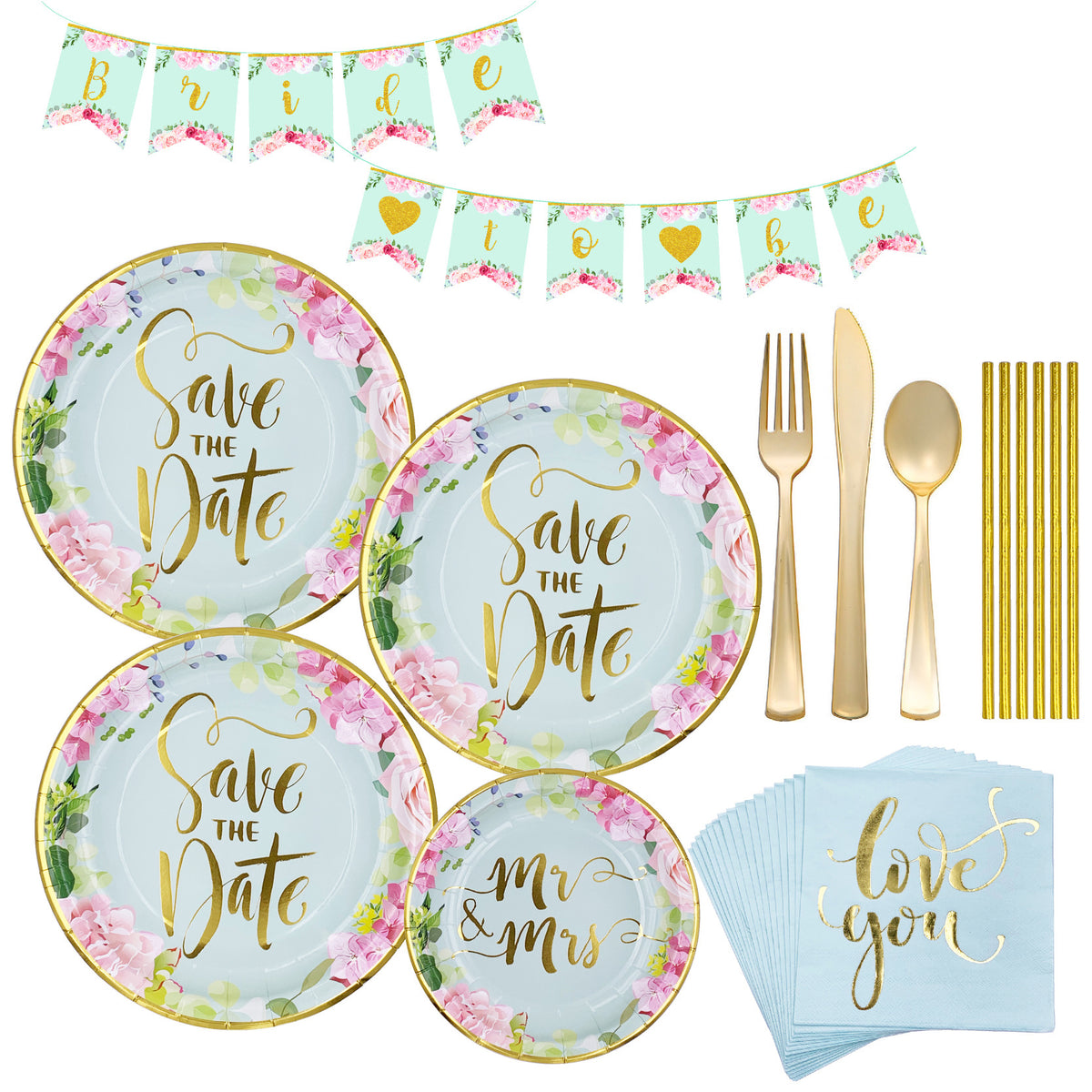 Wedding Party Paper Plate Set Decoration Stamping Paper Plates Paper Cups Paper Towels Knives Forks Spoons Straws Pull Flags Bachelorette Party Supplies 16 Guests