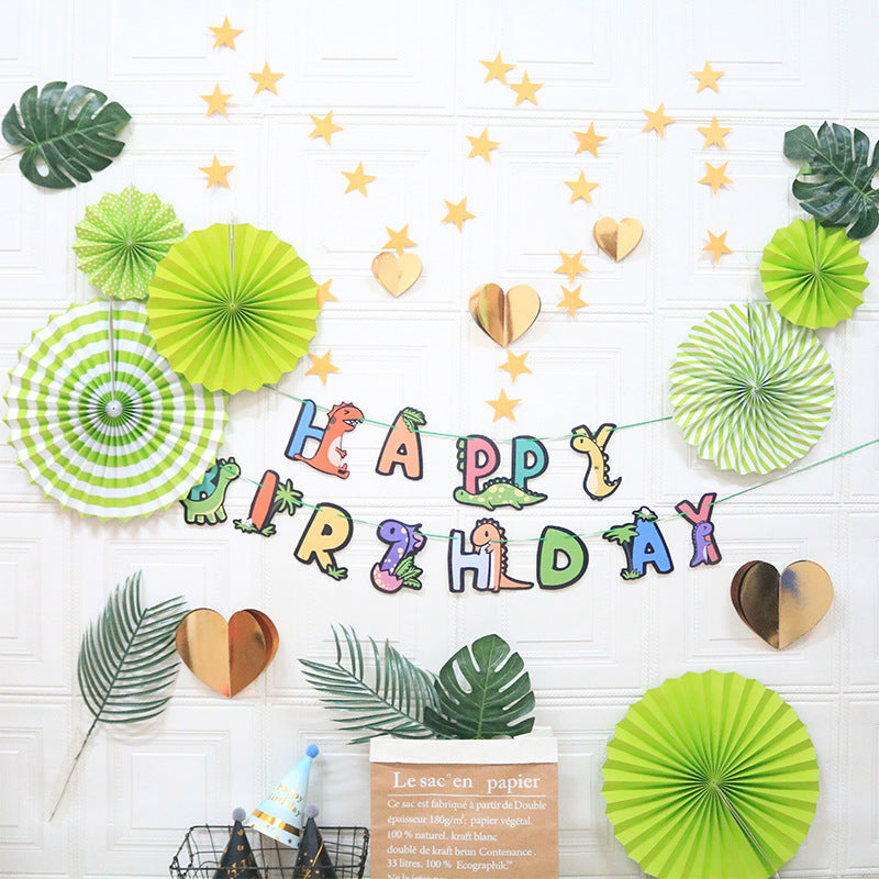 Children's Party Supplies Decoration Dinosaur Birthday Pull Flag Paper Fan Flower Set Background Wall Decoration