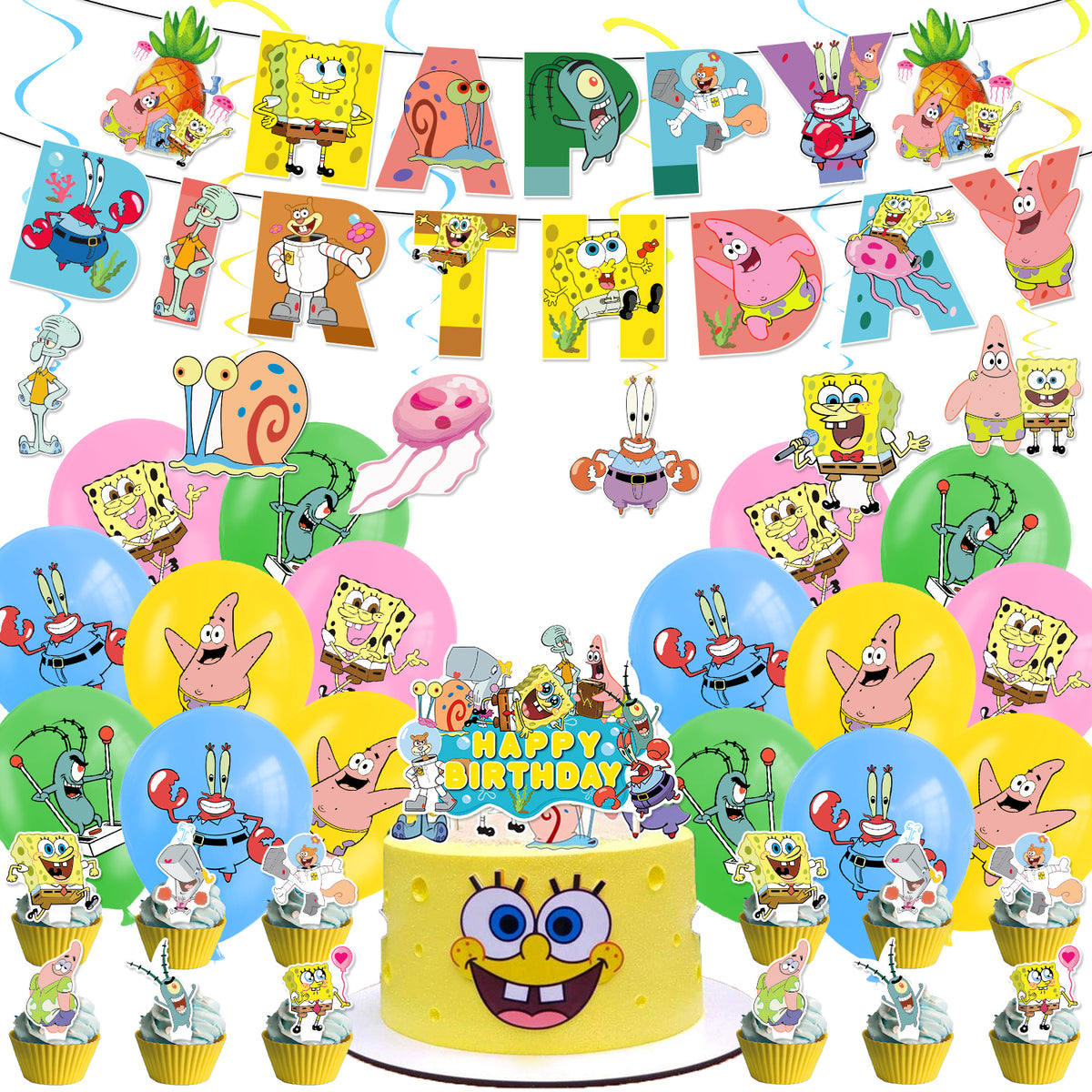 Spongebob Theme Birthday Balloon Flags Cake Flag Pull Flower Party Decoration Decoration Supplies 48 Pcs