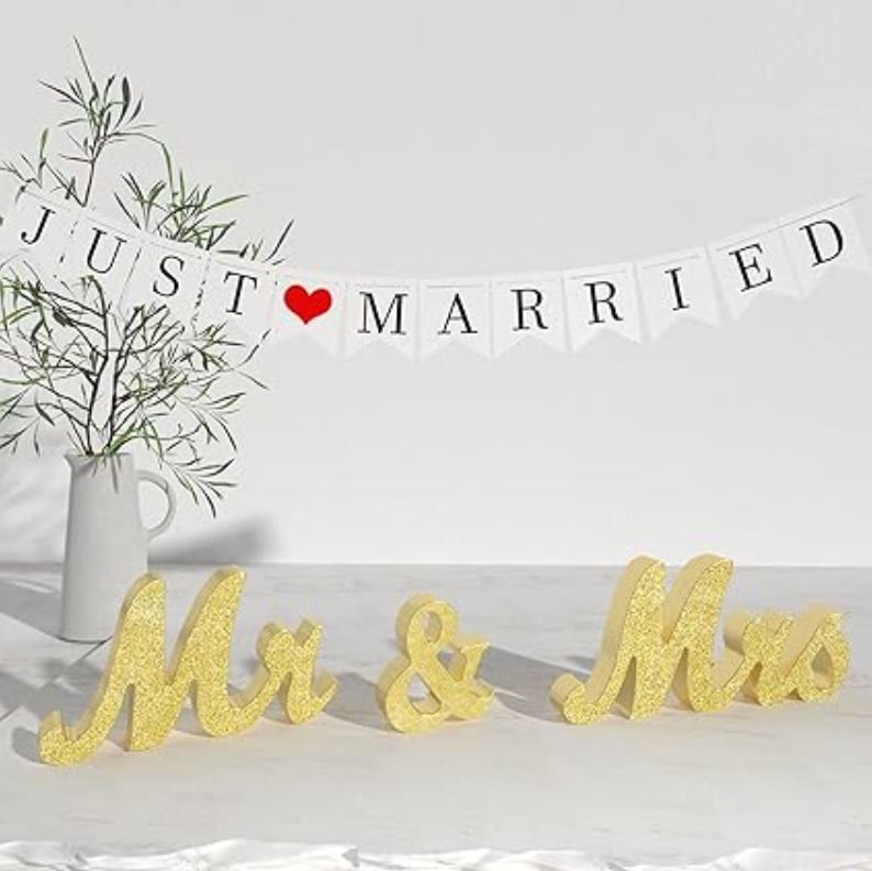 Mr and Mrs Sign & Just Married Banner,Mr & Mrs Signs for Wedding Table,Large Wooden Letters for Sweetheart Table,Photo Props Wedding decorations for Anniversary,Silver