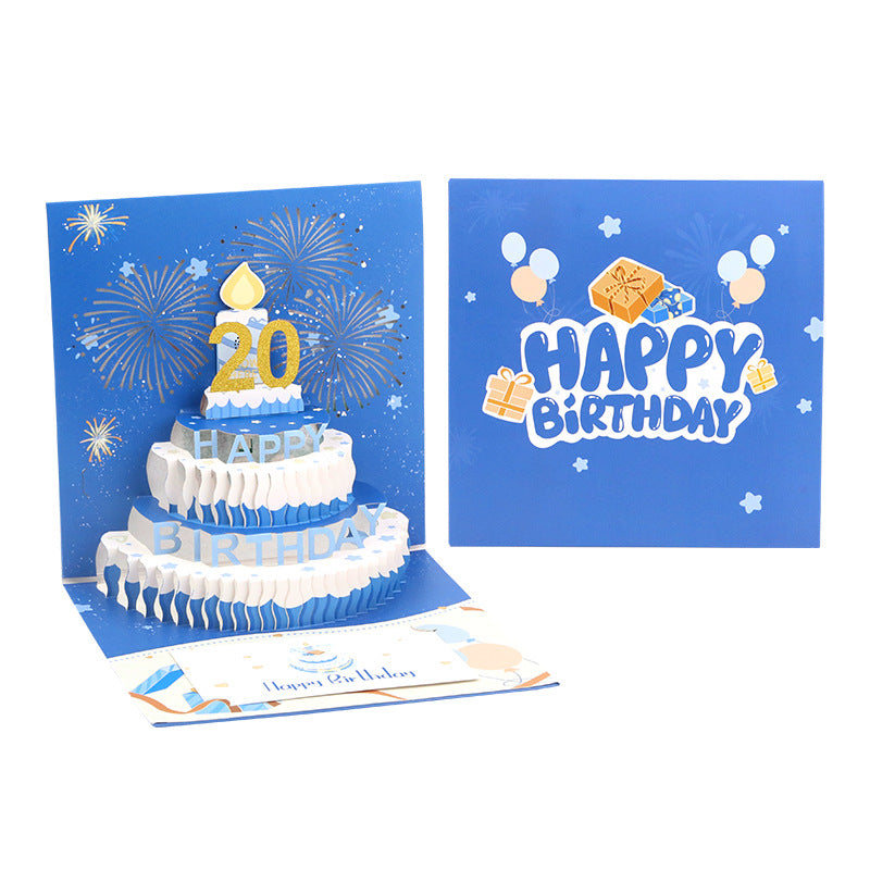 Creative 90 Degree Birthday Fireworks with Music 3D Cake Greeting Cards Blowing Candles Folding Cards Birthday Party Wishes Cards