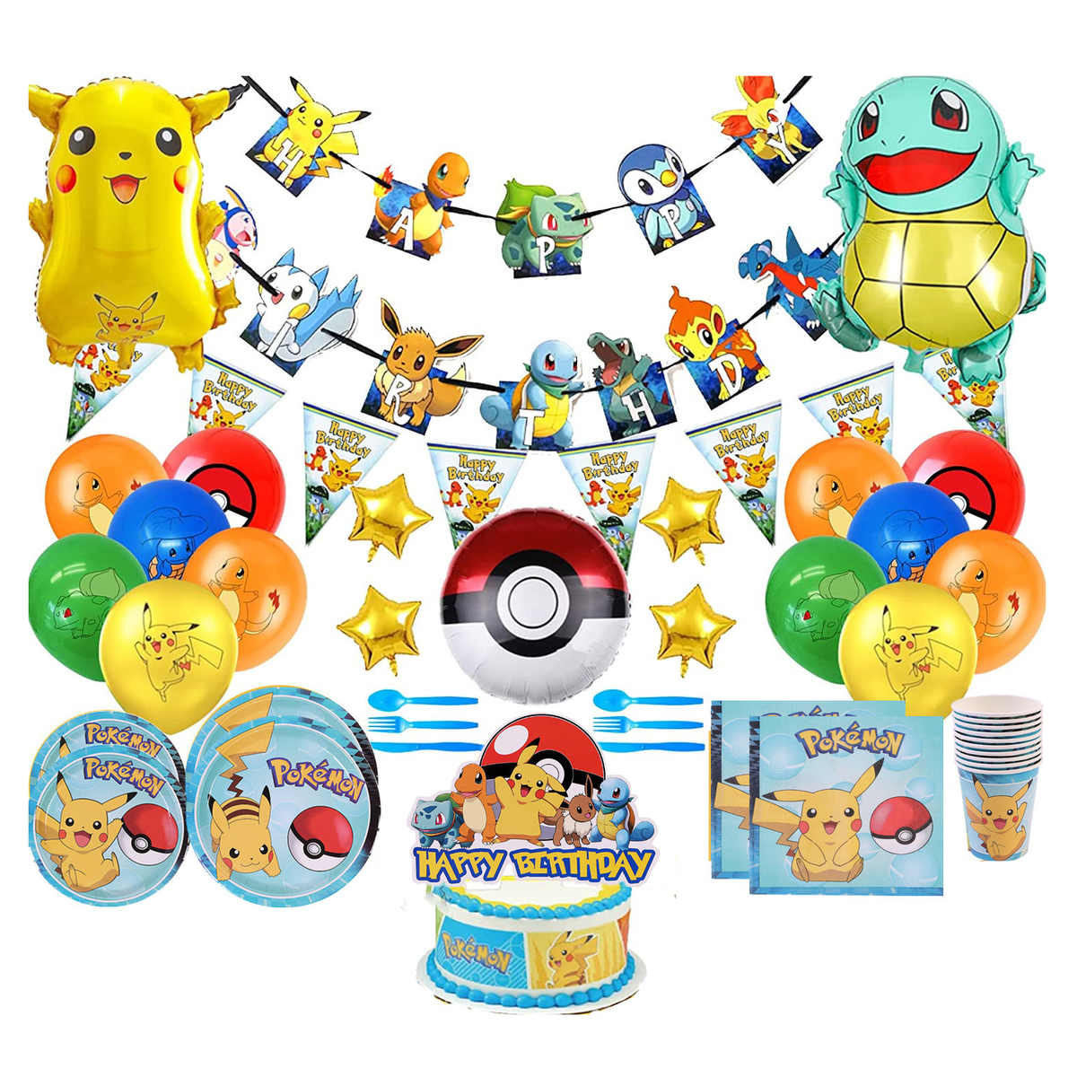 Pokémon Premium Party Set for 10 Guests Includes 7“ and 9” Plates, Bunting, Balloons, Knives, Forks, Spoons, Straws, Napkins, Cups, Tablecloths, Cake Topper, Total 143 Pieces