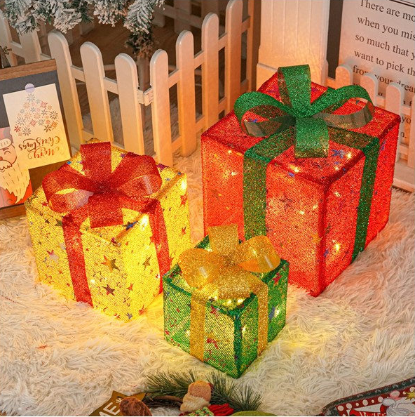 Christmas Lighted Gift Box Set of 3, Lighted Lamps for Indoor and Outdoor Decoration, Christmas Gift Box Decorative Ornament