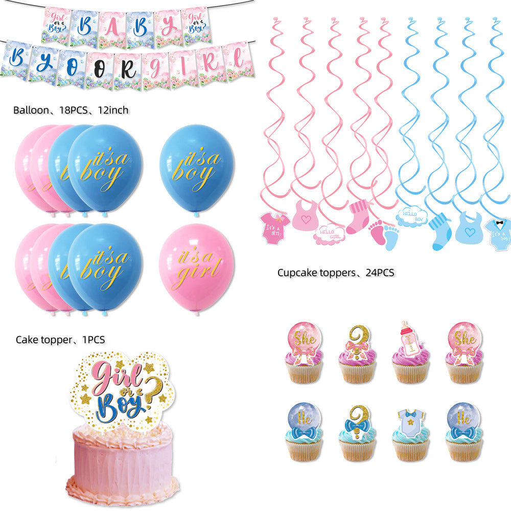 Gender Reveal Theme Party Decoration. Boy and Girl Party Atmosphere Arrangement. Pennant and Spiral Balloon Decoration