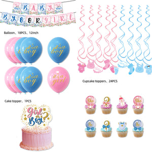 Gender Reveal Theme Party Decoration. Boy and Girl Party Atmosphere Arrangement. Pennant and Spiral Balloon Decoration