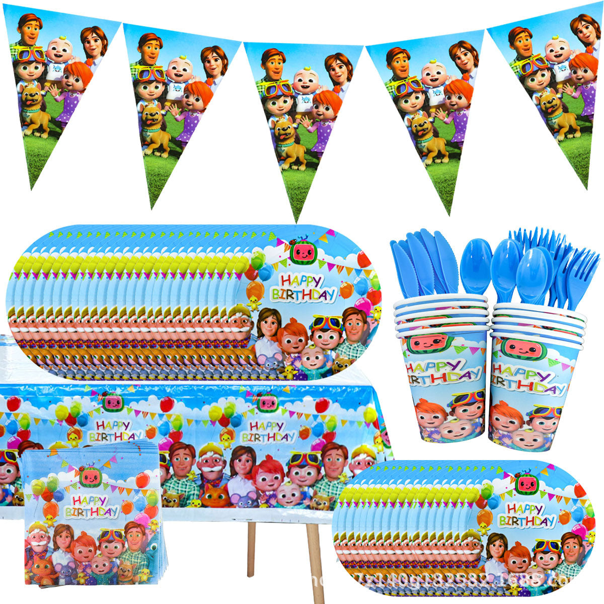 CoComelon Birthday Party Decoration Complete Set of 345 Pieces Including Balloons, Cake Inserts, Cake Stands, Gift Bags, Invitation Cards, Table Covers, Plates, Cups, Napkins, Knives, Forks, Spoons and More