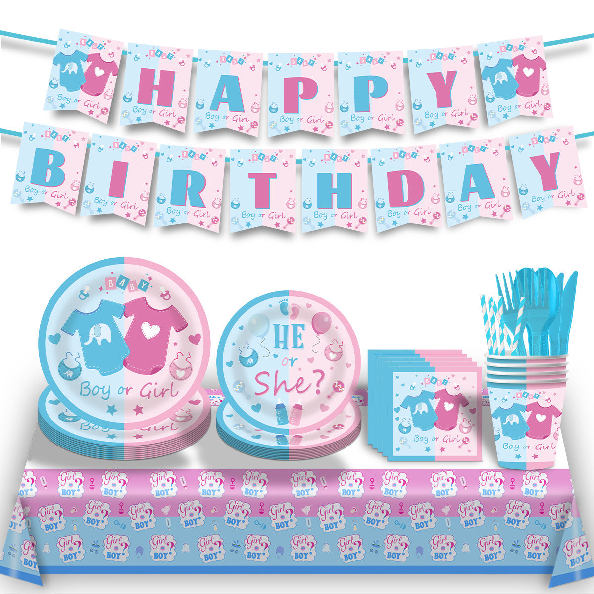 Boys Girls Gender Reveal Set Includes Plates Cups Knives Forks Spoons Straws Tablecloths Flags Party Decorations 142 pcs