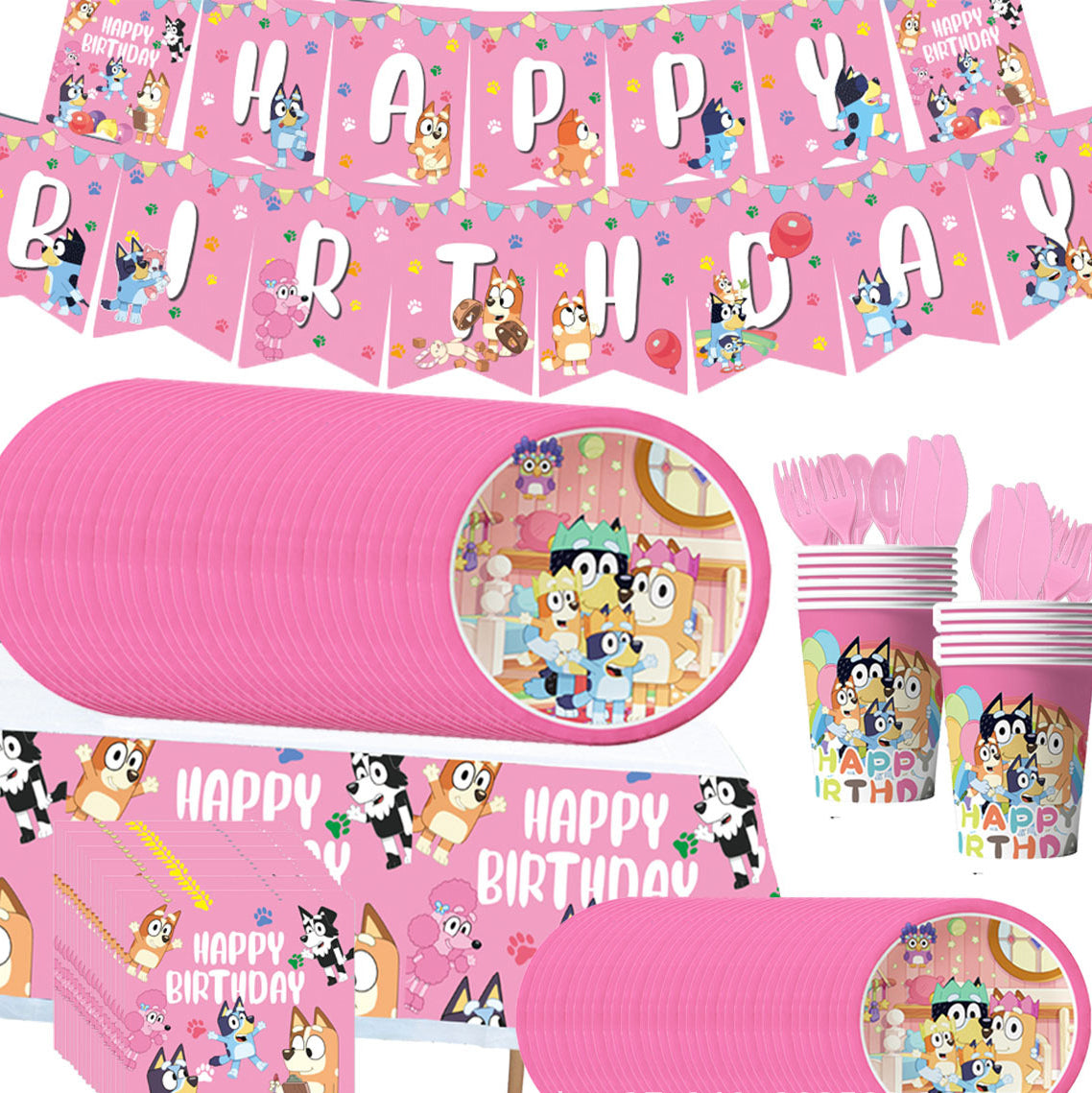 Unique Pink Bluey Birthday Party Supplies and Decorations Including Cake Insert, Cake Stand, Gift Bag, Invitation Card, Table Cover, Plates, Cups, Napkins, Knife, Fork, Spoon, 188 pcs