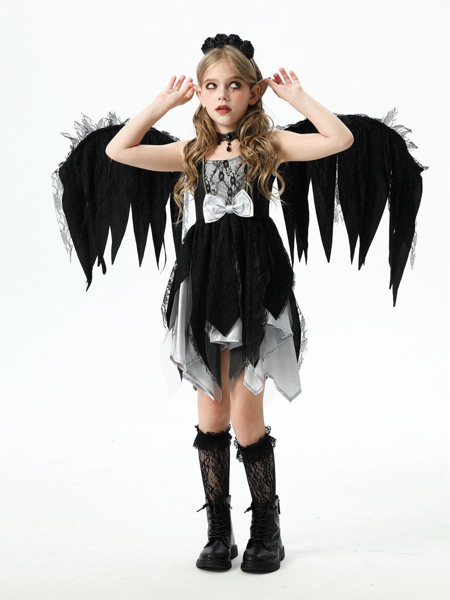 Halloween Childrens Costumes Vampire Gothic Black Angel Wings Dresses Kids Stage Performance Costumes Girls Dresses