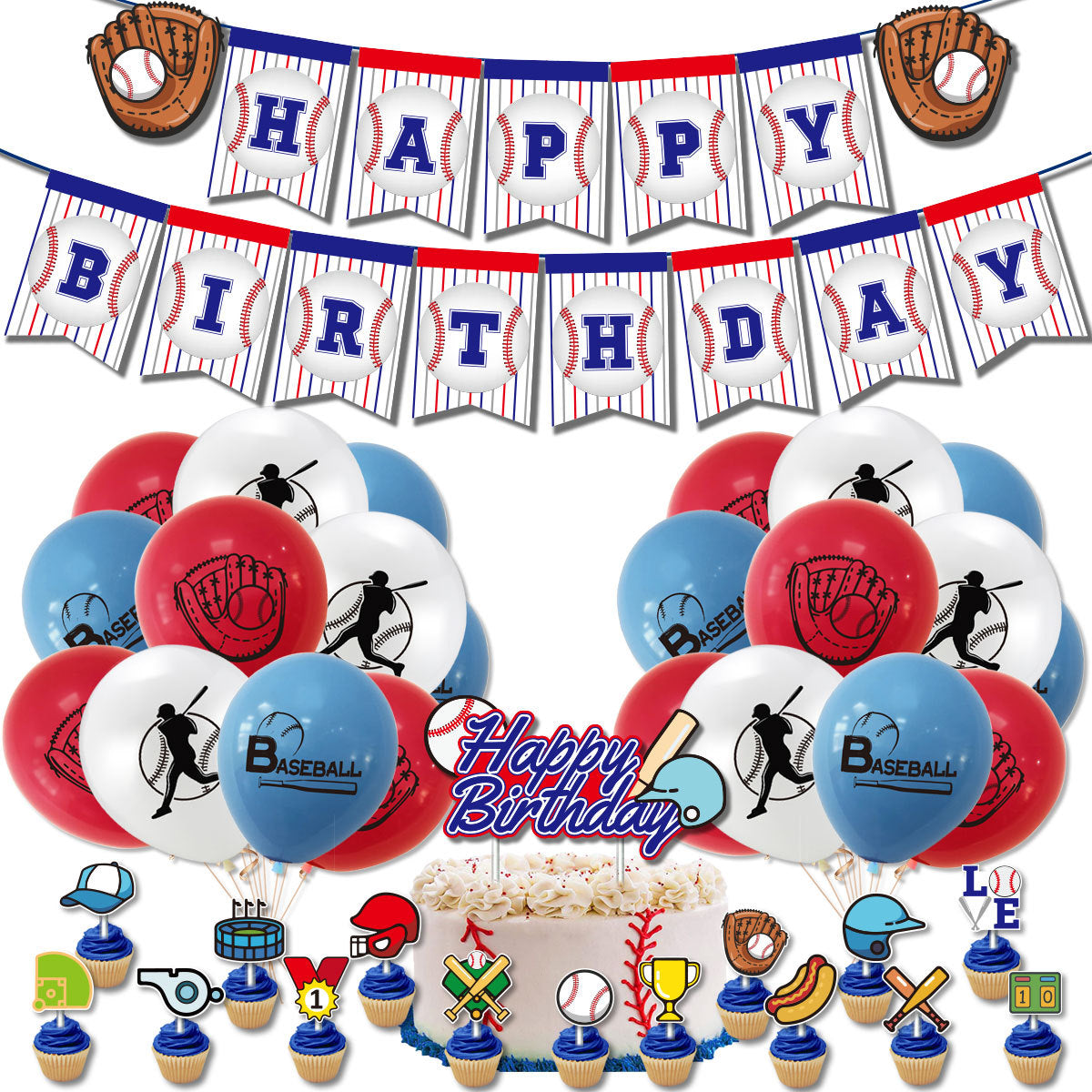 Baseball Theme Party Decoration Birthday Pull Flags Cake Inserts Balloon Set Layout Supplies 37 Pcs