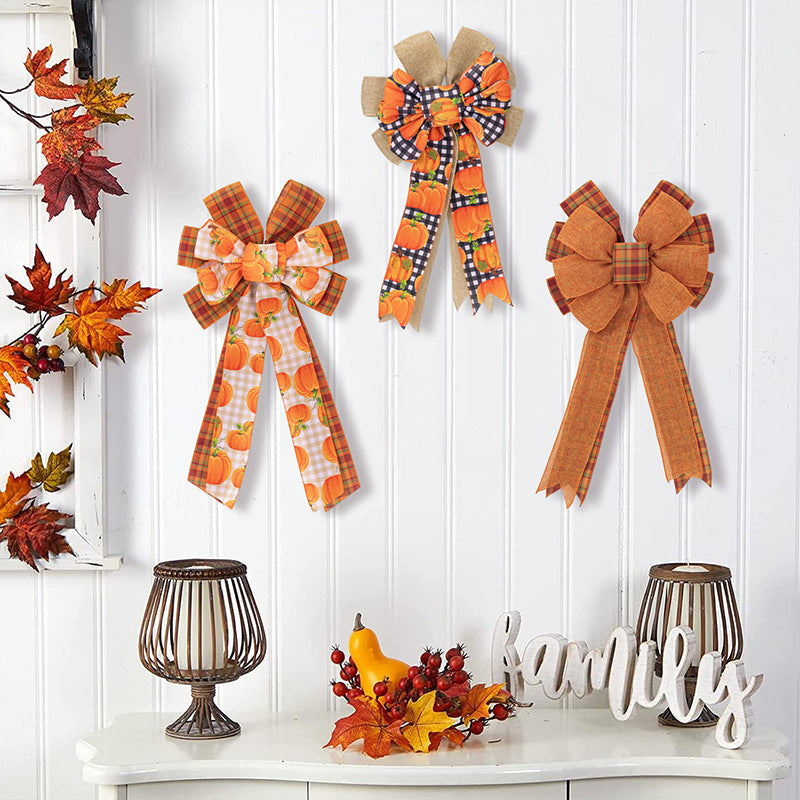 3 Pieces 19 inch Thanksgiving Decorations Home Front Faux Ribbon Hanging Harvest Season Pumpkin Wreath Bows