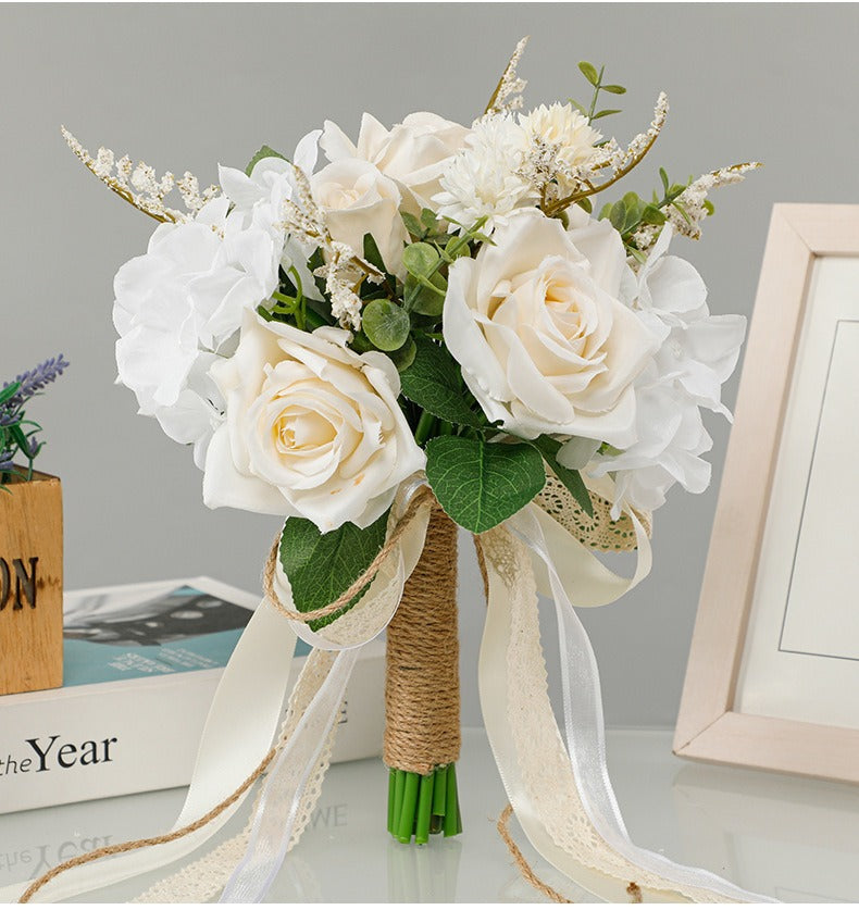 8inches Wedding Bouquets for Bride Bridesmaid, White Champagne Artificial Roses Flowers Wedding Decoration