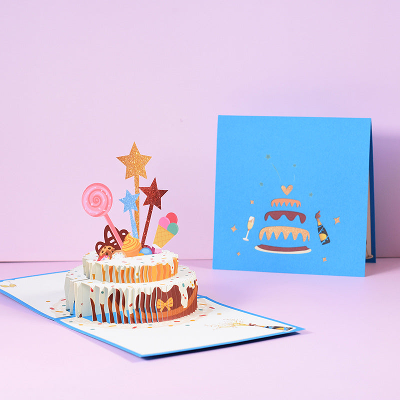 Creative Handmade Birthday Three-Dimensional Greeting Card, Paper Sculpture Stars, Candy Cake, Blessing Message Card, Birthday Party Greeting Card 2 Sets