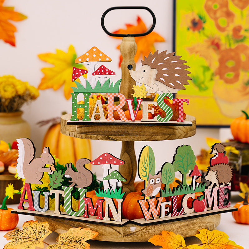 Thanksgiving Harvest Season. Letter, Small Tree, Hedgehog and Squirrel Wooden Ornament