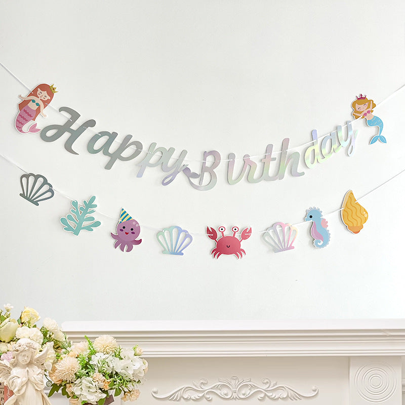 Mermaid Siamese Alphabet Pull Banner Girls Birthday Party Decoration Background Wall Underwater World Seashell Banner