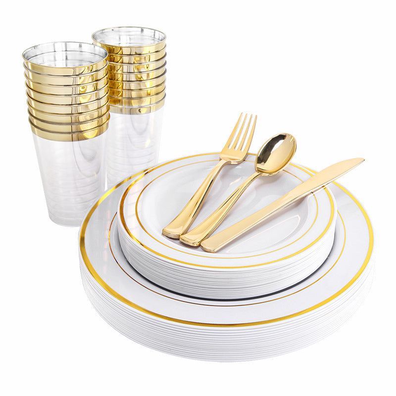 600PCS Plastic Dinnerware Set (100 Guests), Clear Gold Disposable Plates for Party, Wedding, Anniversary, Includes: Dinner Plates, Dessert Plates, Cups, Spoons, Forks and Knives