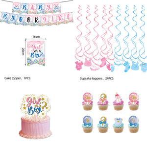 Gender Reveal Theme Party Decoration. Boy and Girl Party Atmosphere Arrangement. Pennant and Spiral Decoration