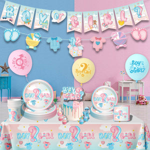 Gender Reveal Theme Party Boys Girls Tableware Set Cups Tissue Paper Flags Tablecloths Balloons Decoration