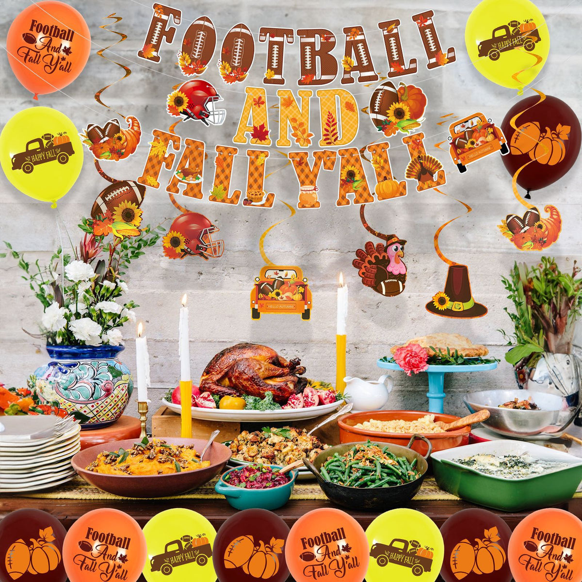 Thanksgiving Theme Holiday Party Background Decoration Set Football Model Pull Flag Paper Flower Tassel Maple Leaf Paper String Balloon