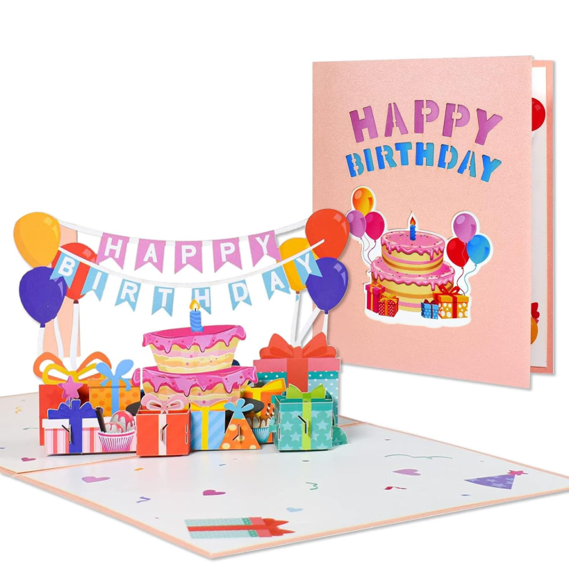 3D Pop Up Happy Birthday Card, Handmade Birthday Gift Box Balloon Cake Pattern Card, Folded Birthday Greeting Card with Envelope for Her, Him, Sister, 2 Sets